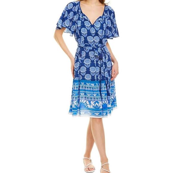 Johnny Was Other - Johnny Was Yao Dress Midi Cover-Up Dolman Short Sleeve Tie Waist Floral Blue L